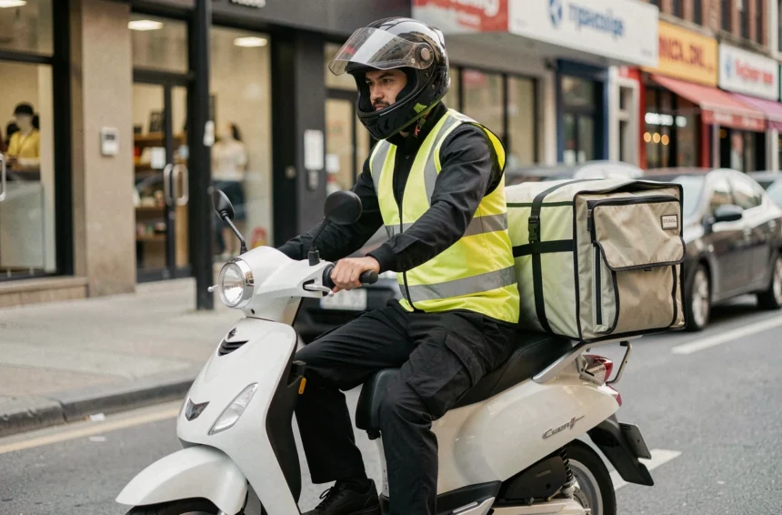 Livreur professionnel en scooter 125cc équipé d'un gilet jaune haute visibilité et d'un sac isotherme dans une rue commerçante urbaine