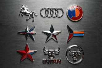 Badges et logos de marques automobiles célèbres disposés en grille sur une surface en acier brossé sombre, représentant Ferrari, Audi, Mercedes et d'autres constructeurs mondiaux