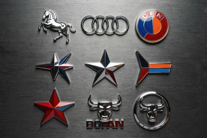 Badges et logos de marques automobiles célèbres disposés en grille sur une surface en acier brossé sombre, représentant Ferrari, Audi, Mercedes et d'autres constructeurs mondiaux
