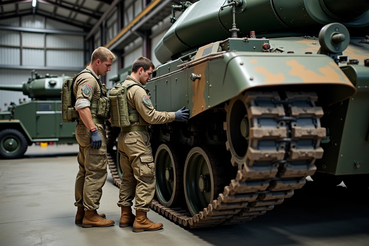 Soldats britanniques effectuant la maintenance du Challenger 2 dans un hangar militaire, inspection des chenilles