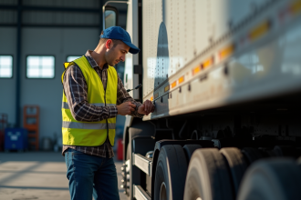 Mecanicien en gilet haute visibilite effectuant la maintenance d'un camion