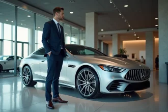 Homme en costume devant une voiture de luxe chez un mandataire auto prestige