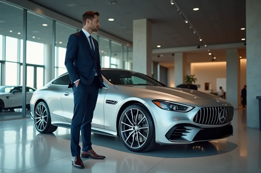 Homme en costume devant une voiture de luxe chez un mandataire auto prestige