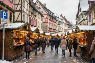 Marché de Noël de Colmar avec panneau de stationnement visible en centre-ville