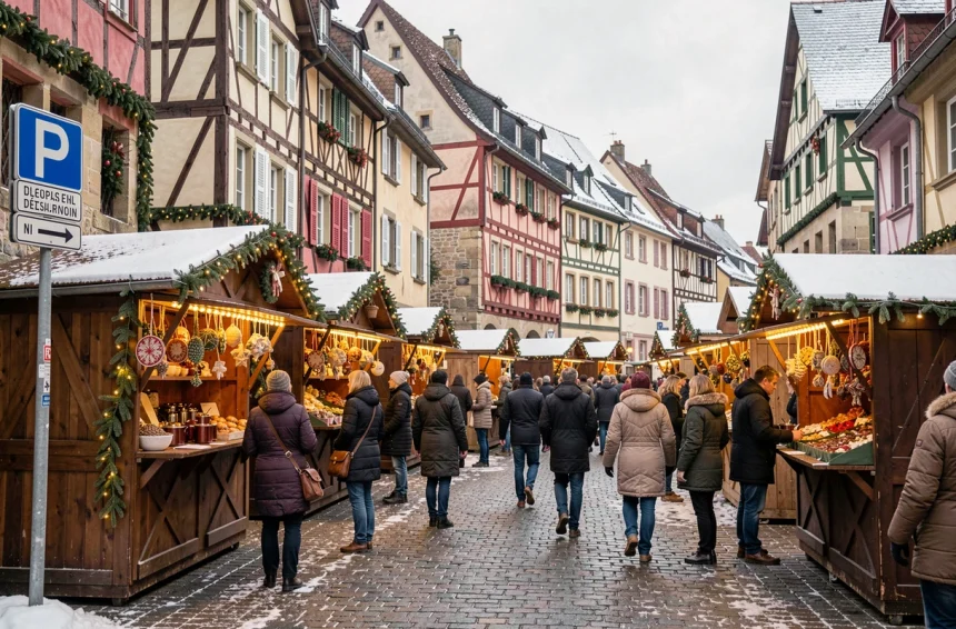 Marché de Noël de Colmar avec panneau de stationnement visible en centre-ville
