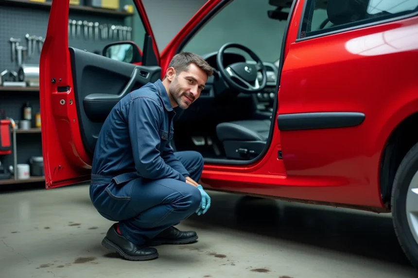 Mécanicien examinant le système anti-démarrage sous le tableau de bord d'une Renault Clio 2 dans un garage