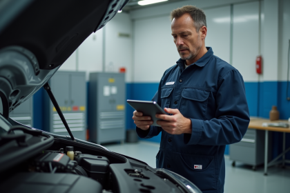 Mécanicien homme en coveralls examine un moteur