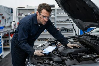 Mécanicien automobile utilisant une tablette de diagnostic numérique dans un atelier professionnel moderne