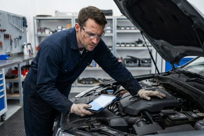 Mécanicien automobile utilisant une tablette de diagnostic numérique dans un atelier professionnel moderne