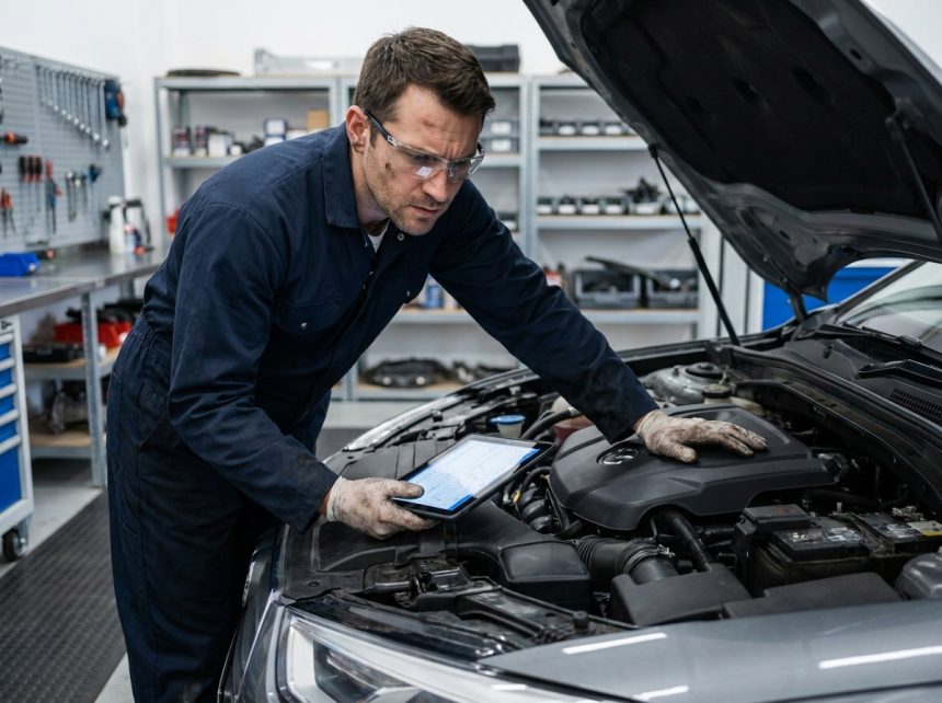 Mécanicien automobile utilisant une tablette de diagnostic numérique dans un atelier professionnel moderne