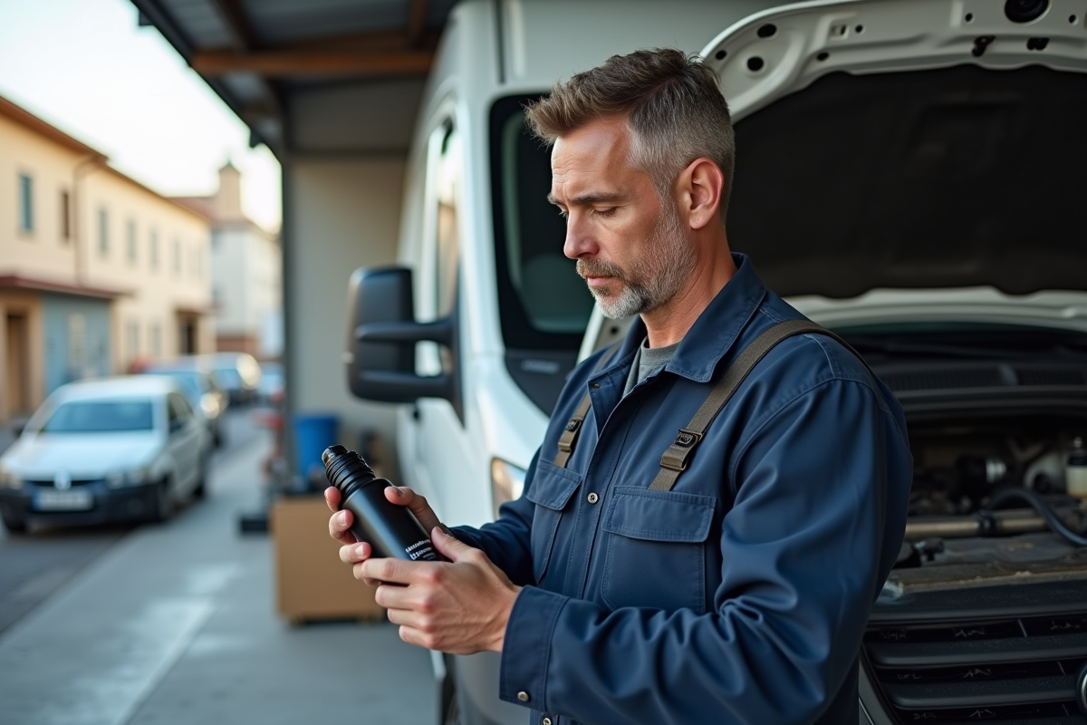 Mécanicien homme en overalls examine un additif diesel