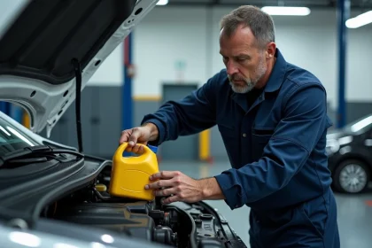 Mécanicien versant de l'huile moteur dans une Peugeot 208 blanche dans un garage professionnel