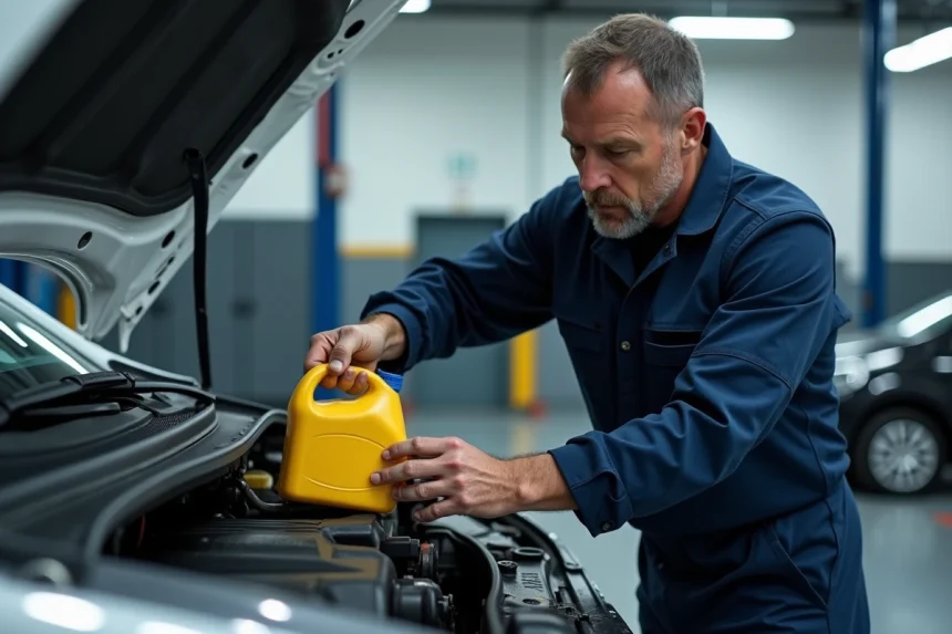 Mécanicien versant de l'huile moteur dans une Peugeot 208 blanche dans un garage professionnel
