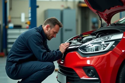 Mécanicien inspectant le système Stop and Start d'une Renault Clio 4 dans un atelier automobile