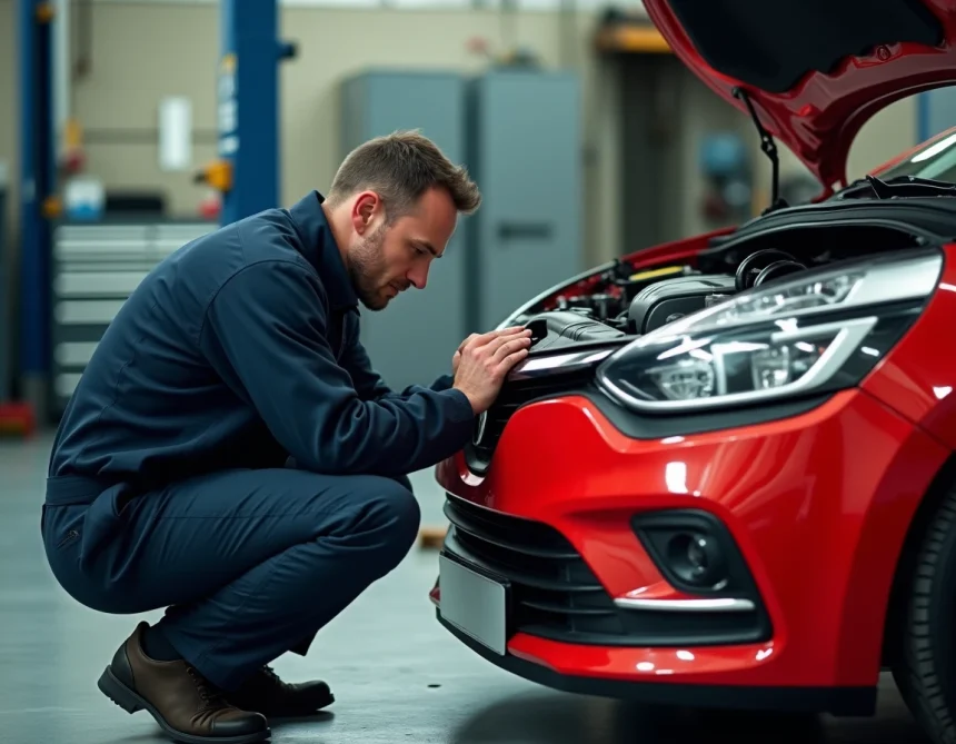 Mécanicien inspectant le système Stop and Start d'une Renault Clio 4 dans un atelier automobile