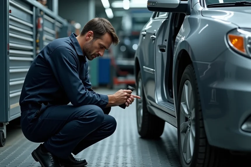 Mécanicien professionnel inspectant le numéro VIN sur la portière d'une voiture d'occasion dans un garage automobile