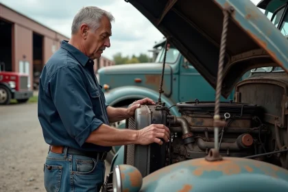 Mécanicien homme inspectant un camion Kenworth ancien