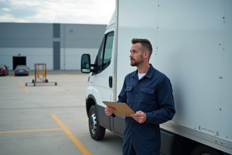 Mécanicien homme en overalls près d'une camionnette diesel