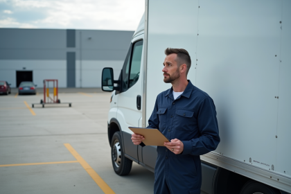 Mécanicien homme en overalls près d'une camionnette diesel
