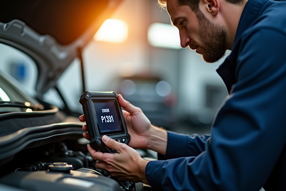 Mécanicien inspectant un moteur moderne avec scanner erreur P1351