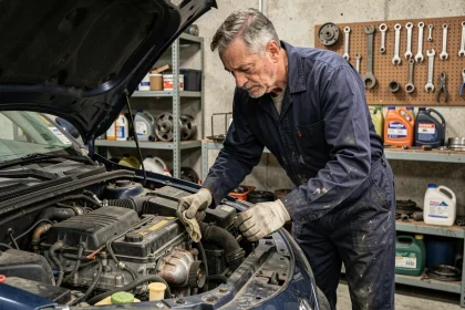 Mécanicien inspectant un moteur diesel 1.5 dCi dans un atelier automobile réaliste
