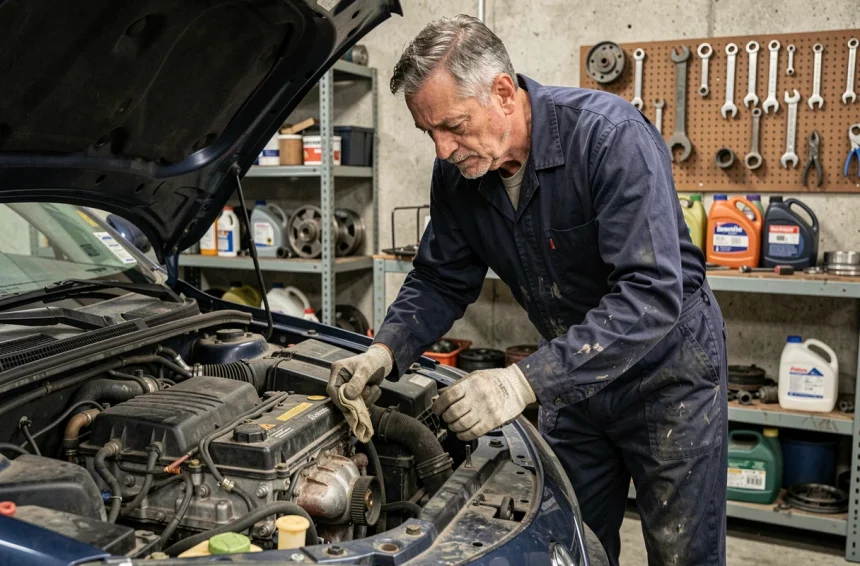 Mécanicien inspectant un moteur diesel 1.5 dCi dans un atelier automobile réaliste