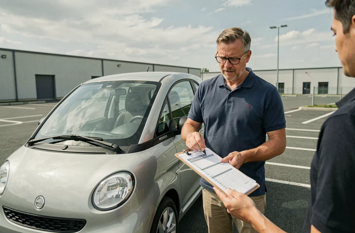 Moniteur d'auto-école expliquant les coûts du BSR à côté d'une voiture sans permis électrique dans un centre de formation
