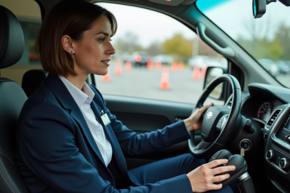 Instructrice de conduite avec élève en fauteuil dans une salle moderne