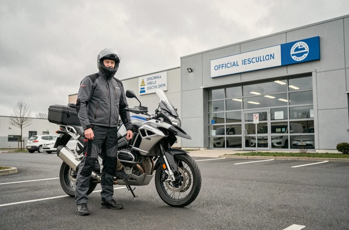 Motard avec sa moto devant un centre de contrôle technique avant une vente en 2026