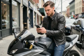 Motard consultant une application d'estimation d'assurance moto sur smartphone avant de souscrire