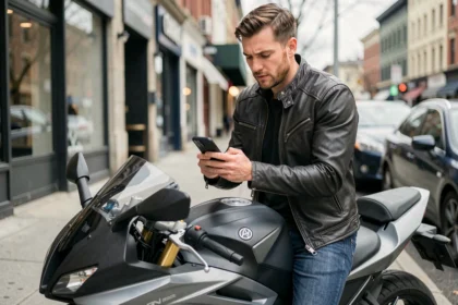 Motard consultant une application d'estimation d'assurance moto sur smartphone avant de souscrire