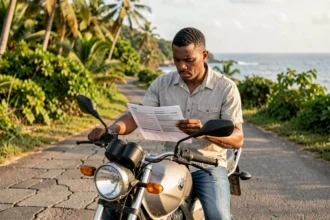 Motard réunionnais consultant un contrat d'assurance moto sur une route côtière de La Réunion