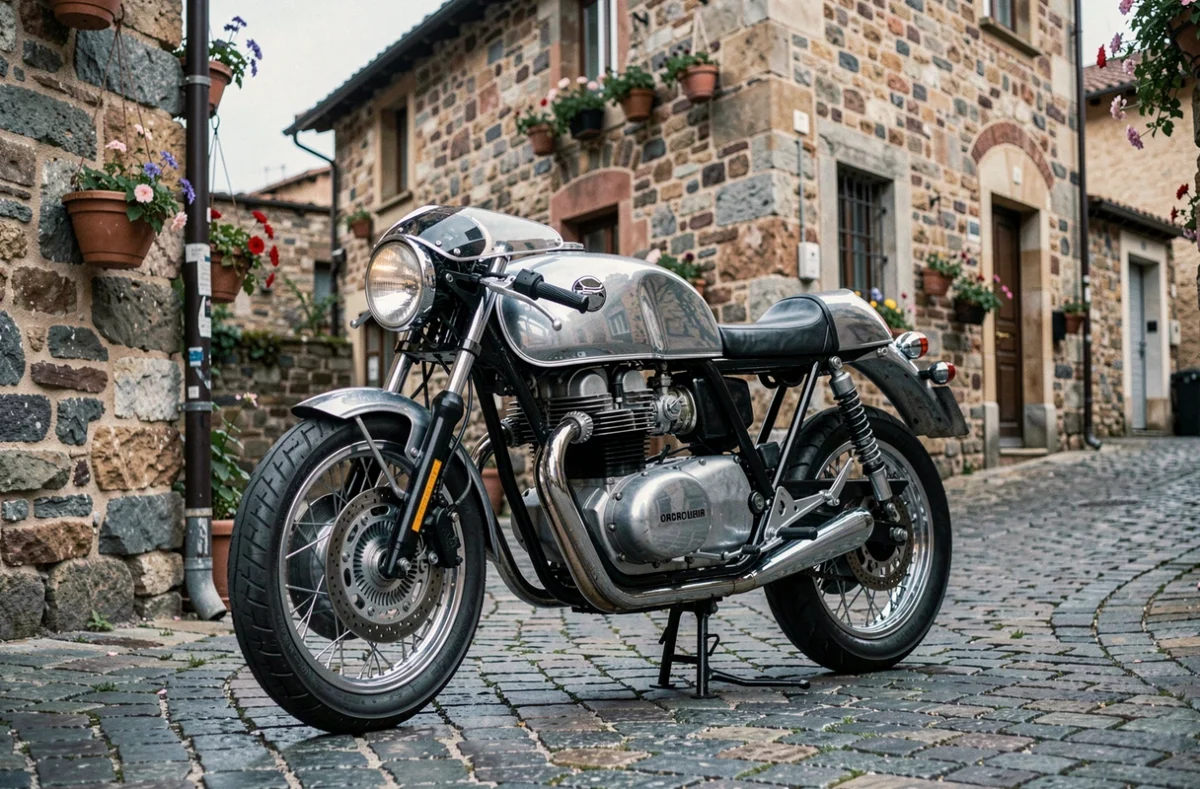 Moto de collection italienne des années 60 garée sur un pavé d'un village européen, moto restaurée et assurée