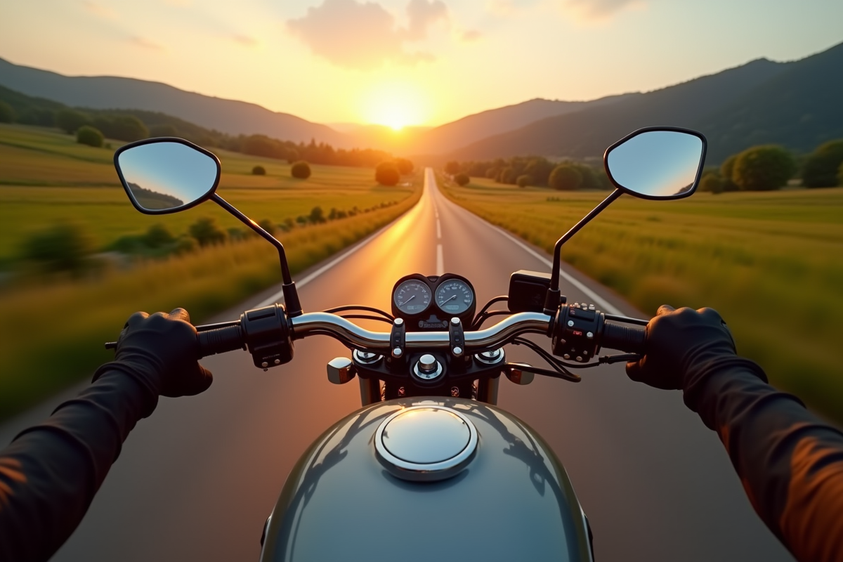 Moto roulant au lever du soleil dans la campagne