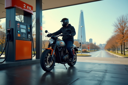 Moto economique en plein ravitaillement en ville