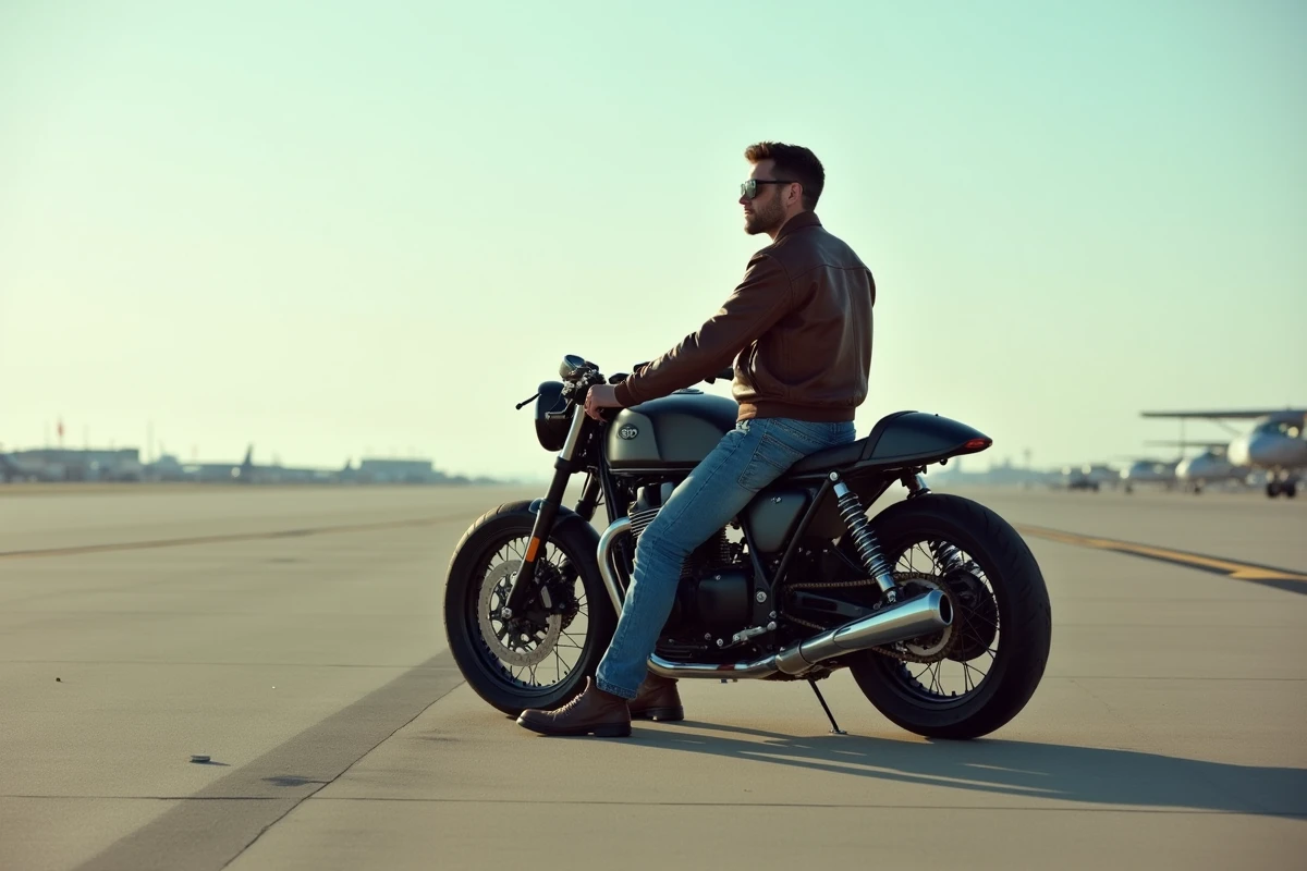 Homme en blouson vintage et moto sur piste vide