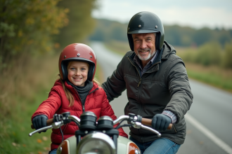 Homme moyenâgeux et adolescente prêts à rouler en sidecar