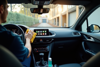 Personne nettoyant l interieur de la Peugeot 308 GT avec chiffon