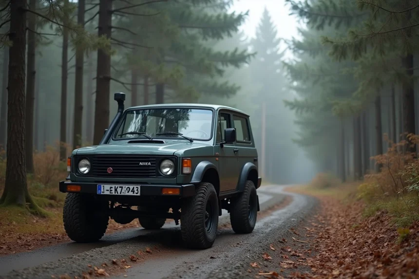 Nouveau Lada Niva 4x4 garé sur un chemin forestier en gravier, vue trois quarts avant mettant en valeur son design robuste et ses pneus tout-terrain