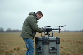 Opérateur drone en plein air assemble un grand quadcopter