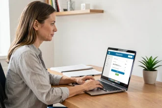 Femme payant une amende DGT en ligne sur son ordinateur portable depuis un bureau à domicile