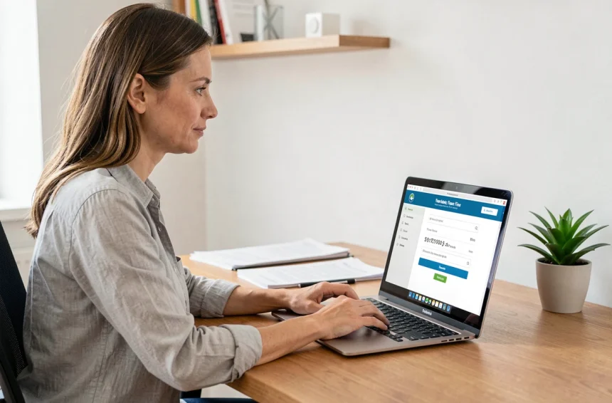 Femme payant une amende DGT en ligne sur son ordinateur portable depuis un bureau à domicile