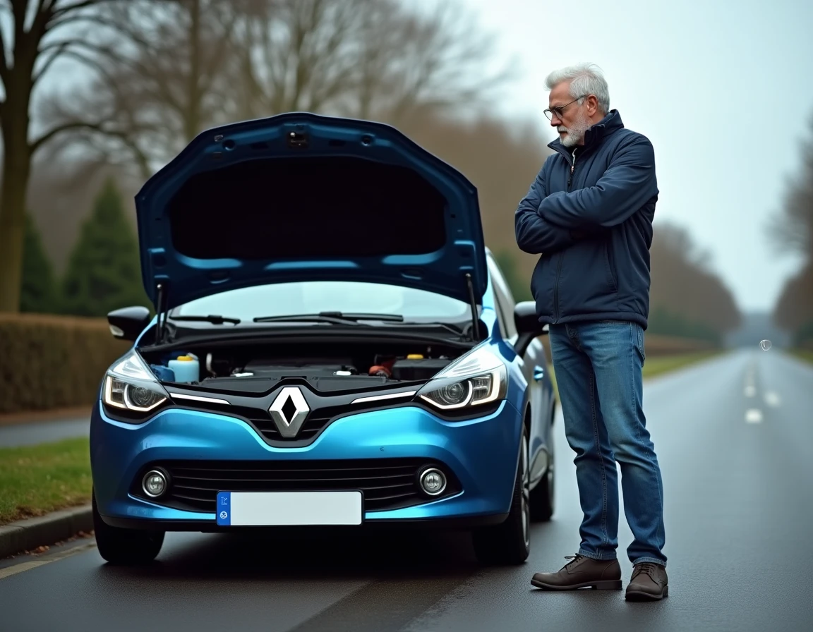 Conducteur en panne sur le bord de la route avec une Renault Clio 4 et un problème de système Stop and Start
