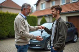 Père français donnant les clés à son fils dans la cour