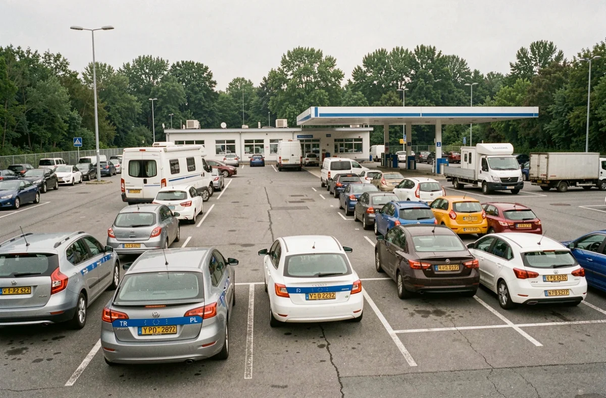 Parking d'aire d'autoroute avec véhicules de plusieurs pays européens et plaques d'immatriculation visibles