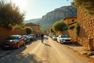 Parking calme aux Baux-de-Provence tôt le matin avec peu de voitures et des visiteurs marchant vers le village médiéval