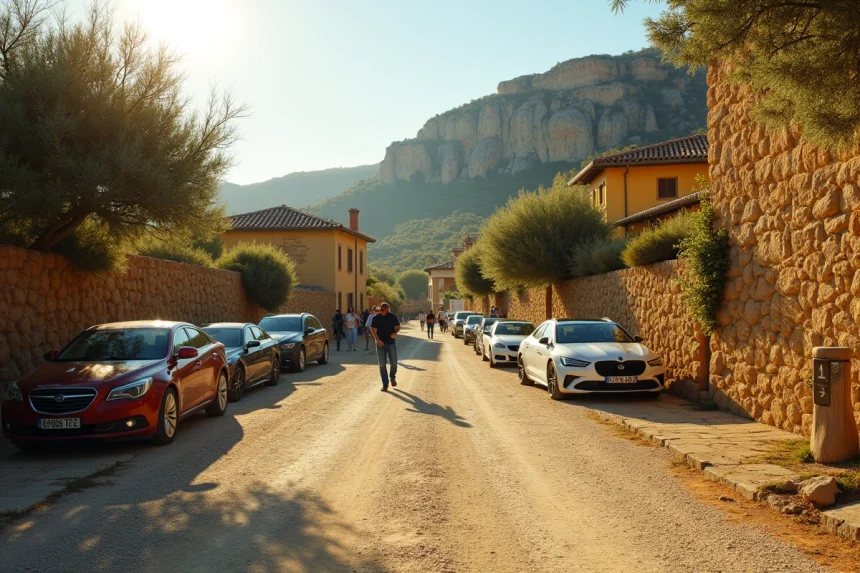 Parking calme aux Baux-de-Provence tôt le matin avec peu de voitures et des visiteurs marchant vers le village médiéval