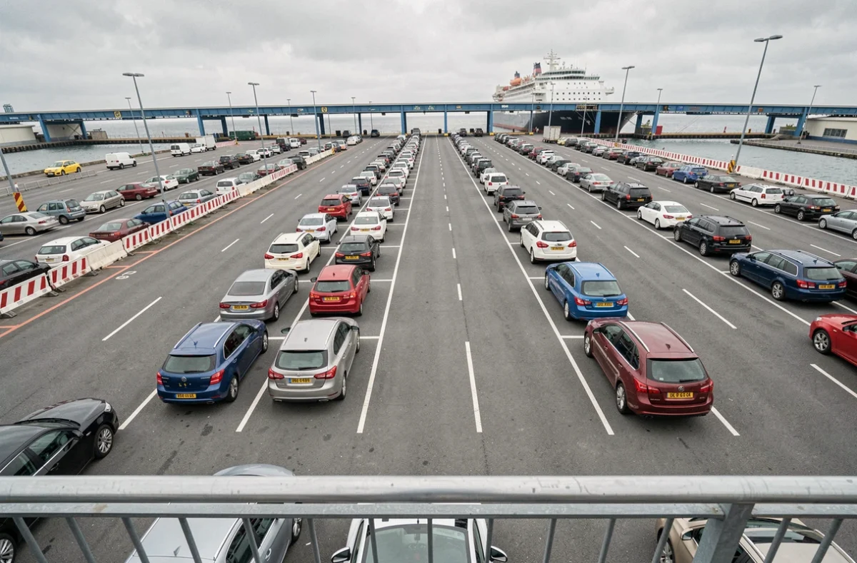 Vue aérienne d'un parking de terminal de ferry avec des véhicules immatriculés au Royaume-Uni et en Europe continentale, illustrant la coexistence des plaques UK et EU après le Brexit