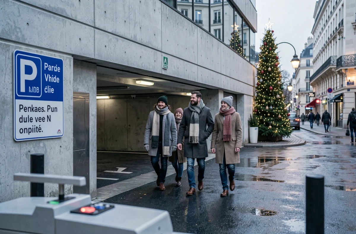 Entrée d'un parking souterrain en centre-ville de Colmar pendant les fêtes de Noël