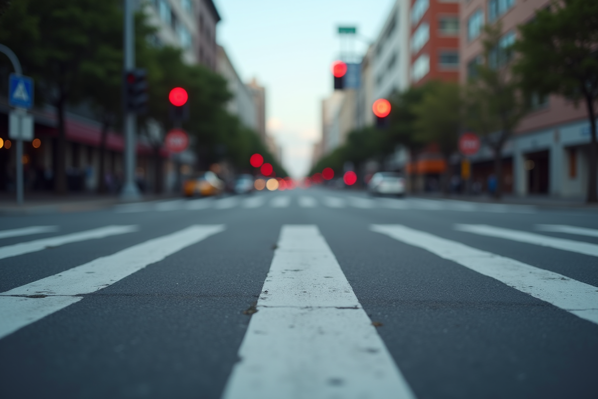 Passage pietons avec feu rouge lumineux sur une rue urbaine en journée
